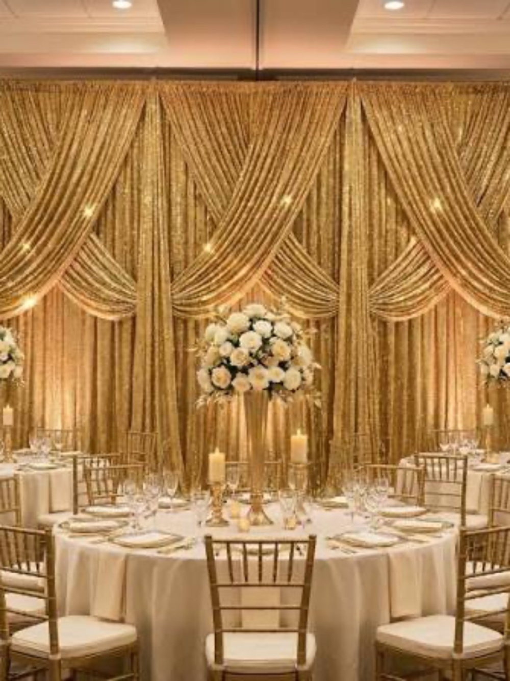 Gold sequin 4 curtain panels  each is 2.5 wide x 8 ft tall Backdrop new!